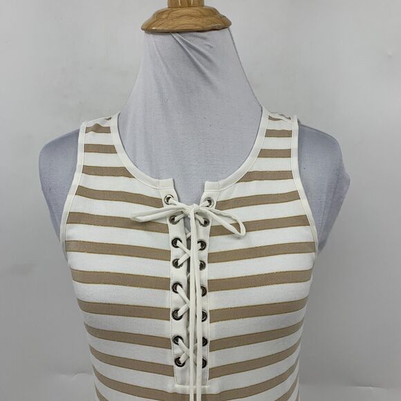 White House Black Market Tank Top Women 2XS XXS Striped Crew Neck Lace Up Front - Picture 3 of 13